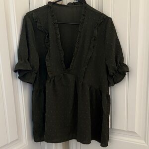 Women's Ruffled V-Neck Top - Dark Green